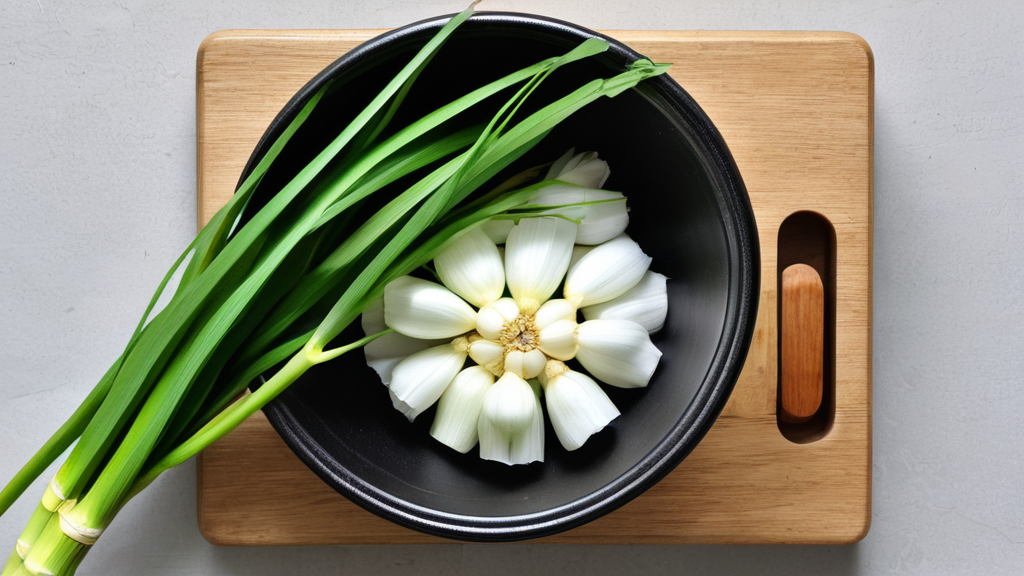 Fresh Korean wild garlic dalrae ramson with white bulbs and green leaves arrange