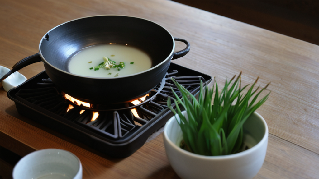 Korean doenjang jjigae being cooked in an earthenware pot on a gas stove, adding